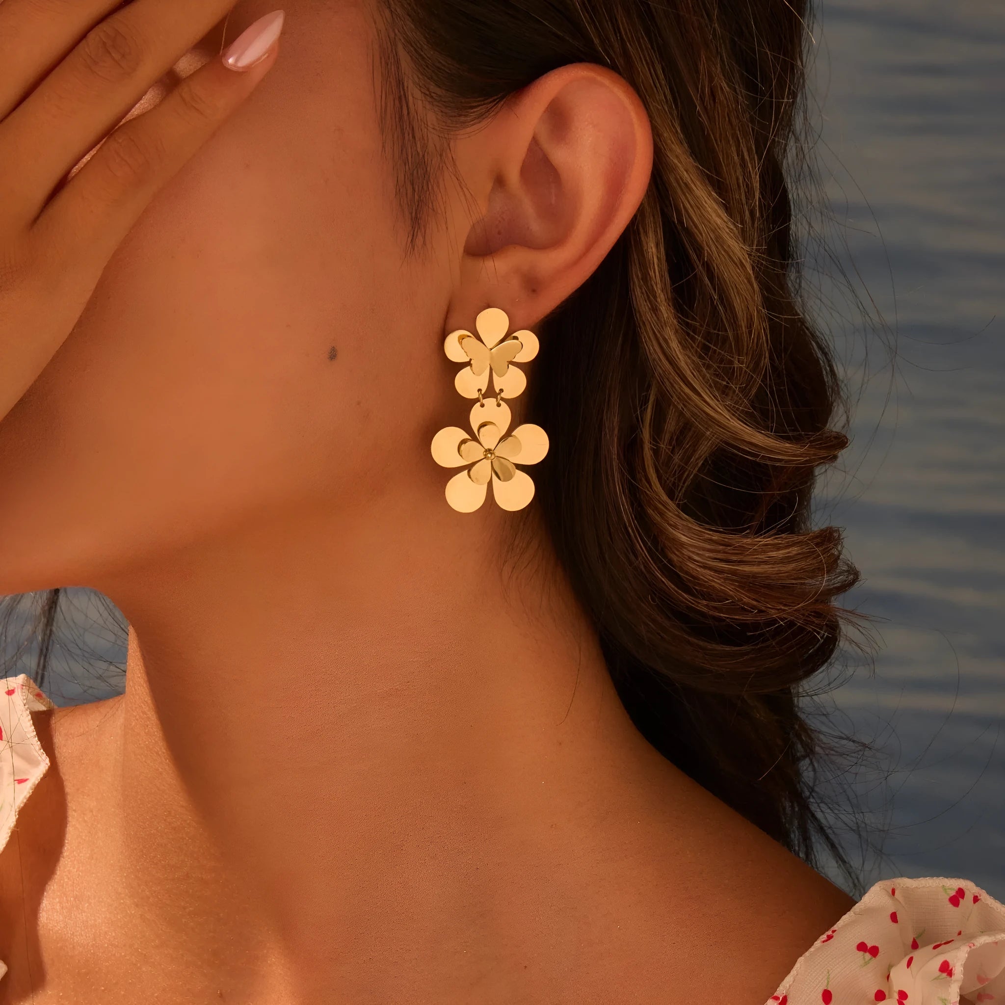 Gold floral butterfly design stainless steel earrings for women with electroplated finish