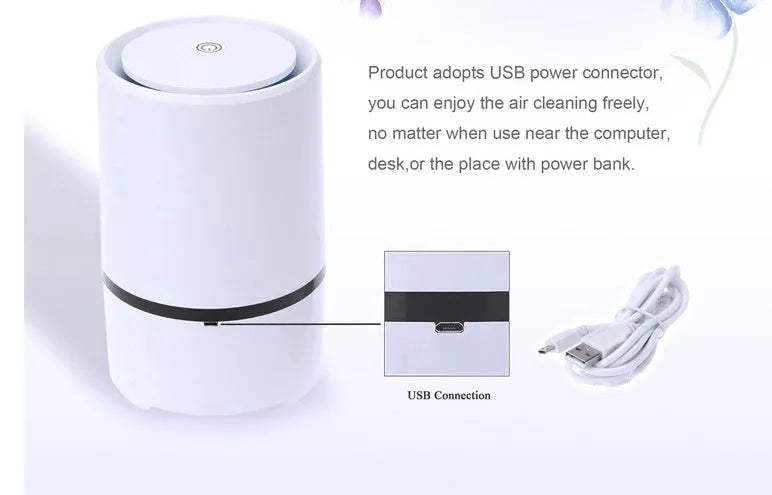 White USB desktop air freshener with anion generator, 125mm diameter, 194mm height, on desk with USB cable