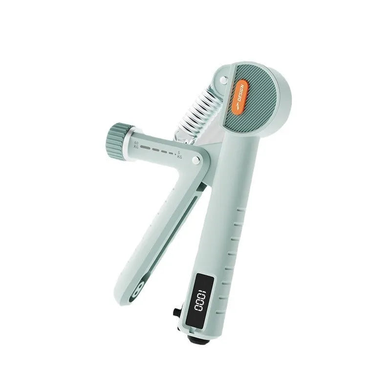 Adjustable spring grip strength trainer in ABS plastic showing three colour options: army green, black, and ivory white