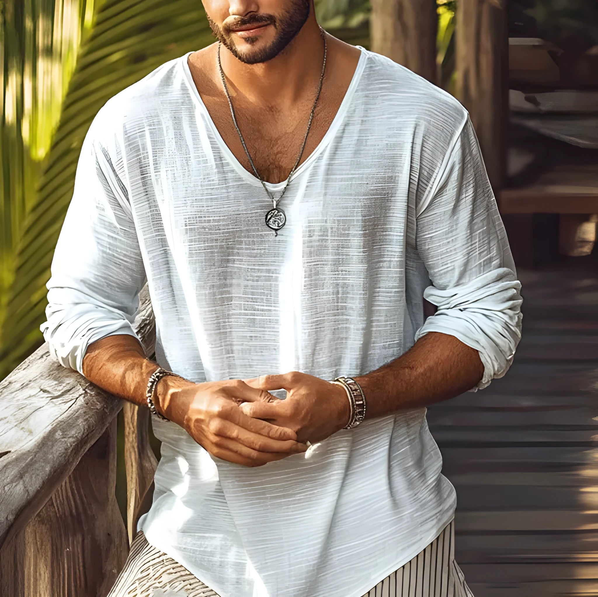 Beige V-neck long-sleeved slim fit T-shirt made from hemp blend polyester fabric