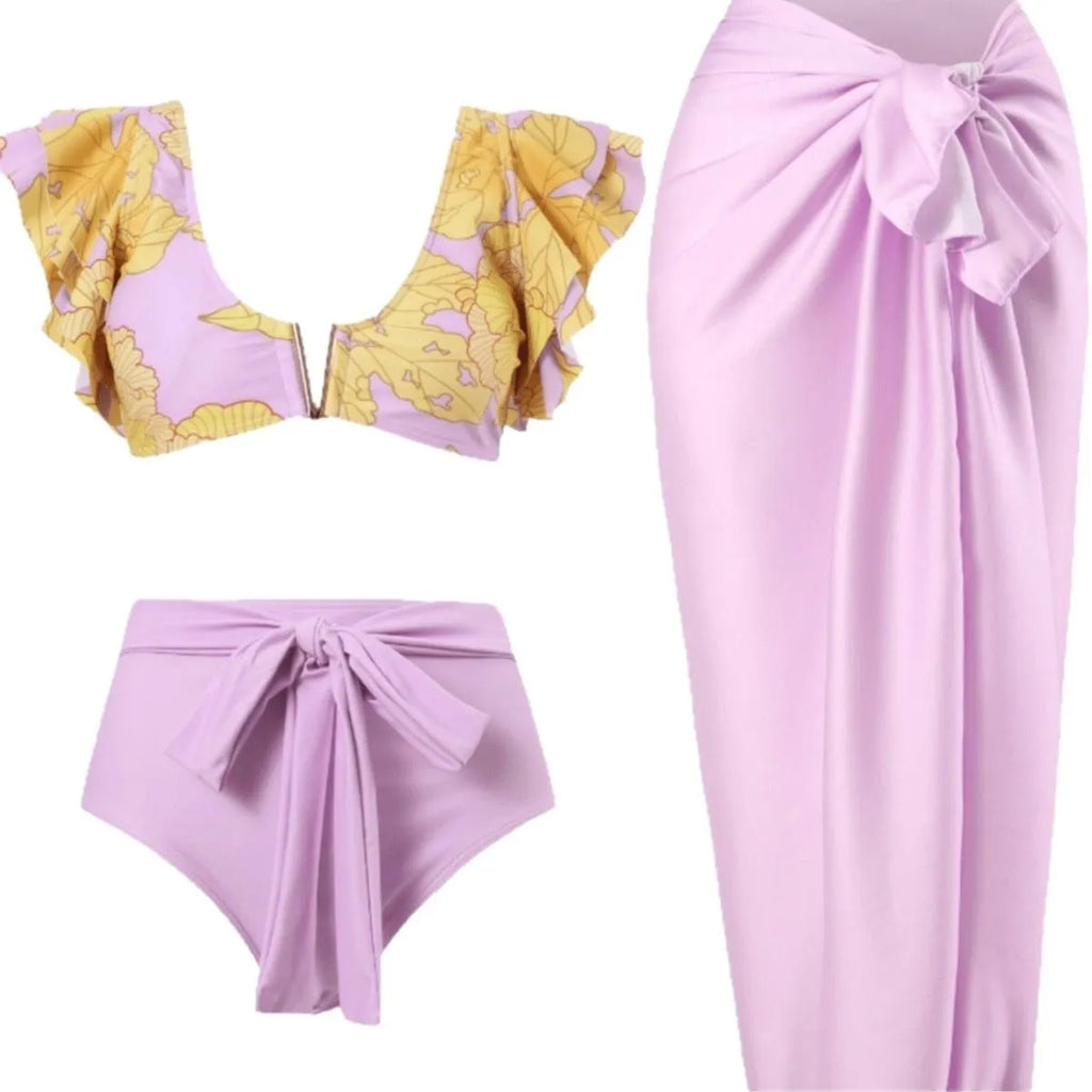 Women's colour-matched three-piece bikini set with skirt, blue, split design, polyester lining, size S to XL