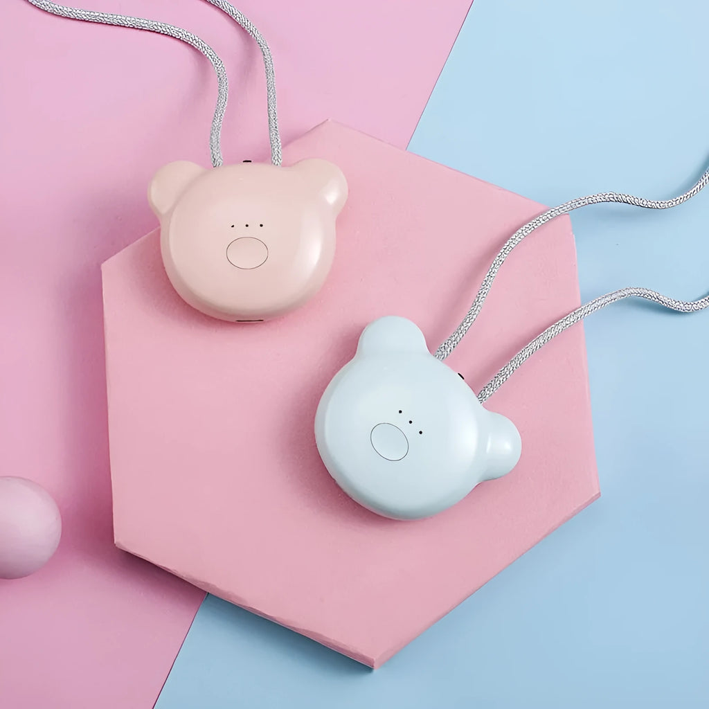 Mini USB portable air purifier necklace worn as a collar, showing pink and blue colour options.