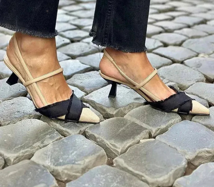 Women's apricot black colour block pointed toe sandals with buckle and stiletto heel.