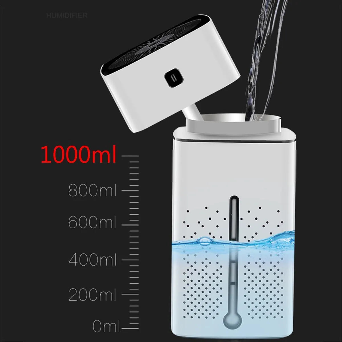 Black and white desktop humidifier with USB power, 1000ml tank, compact size for home office use.