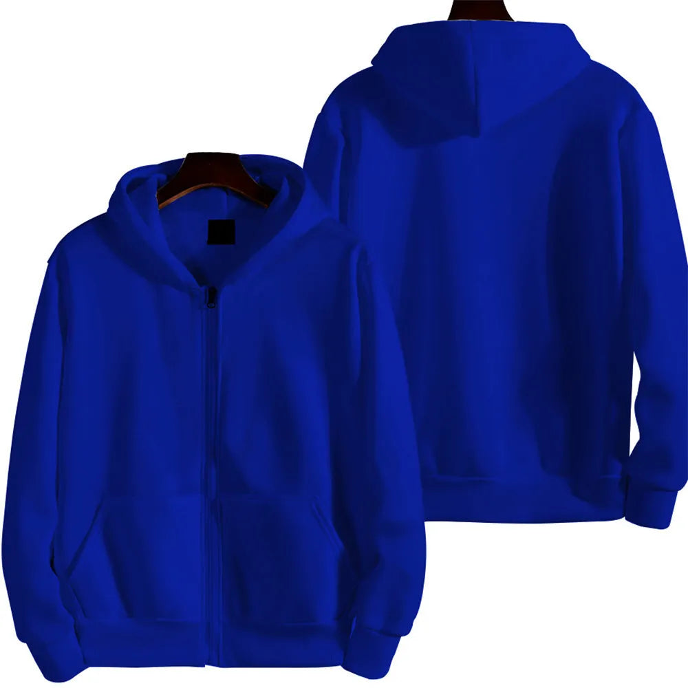 Men's solid colour loose fit zip-up sports jacket on a hanger.