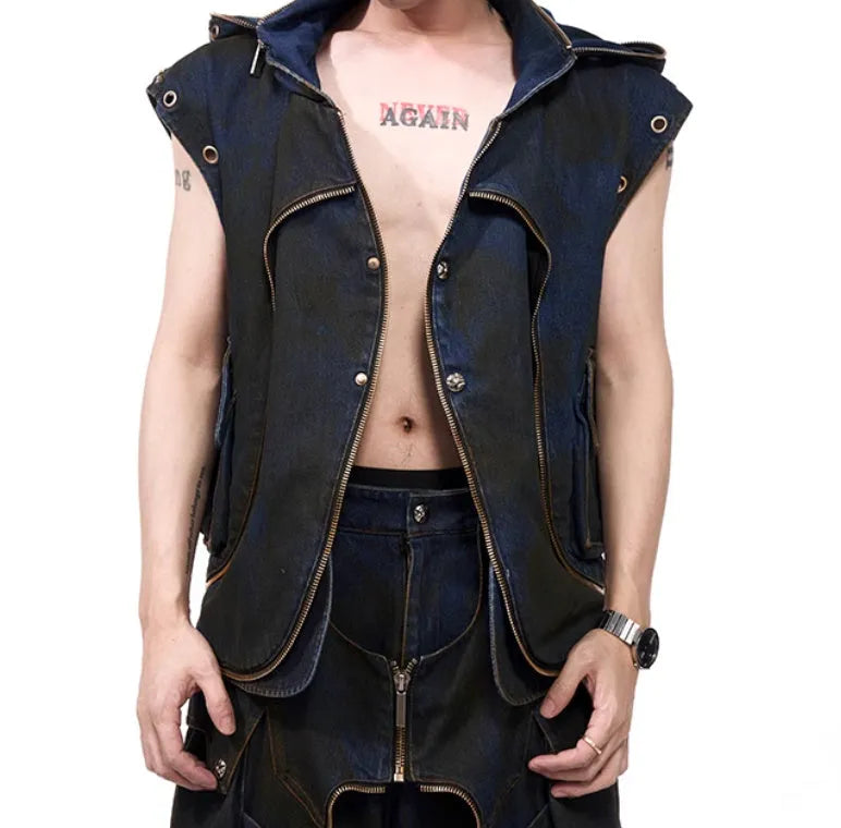 Blue hooded denim vest coat with matching trousers Korean style set