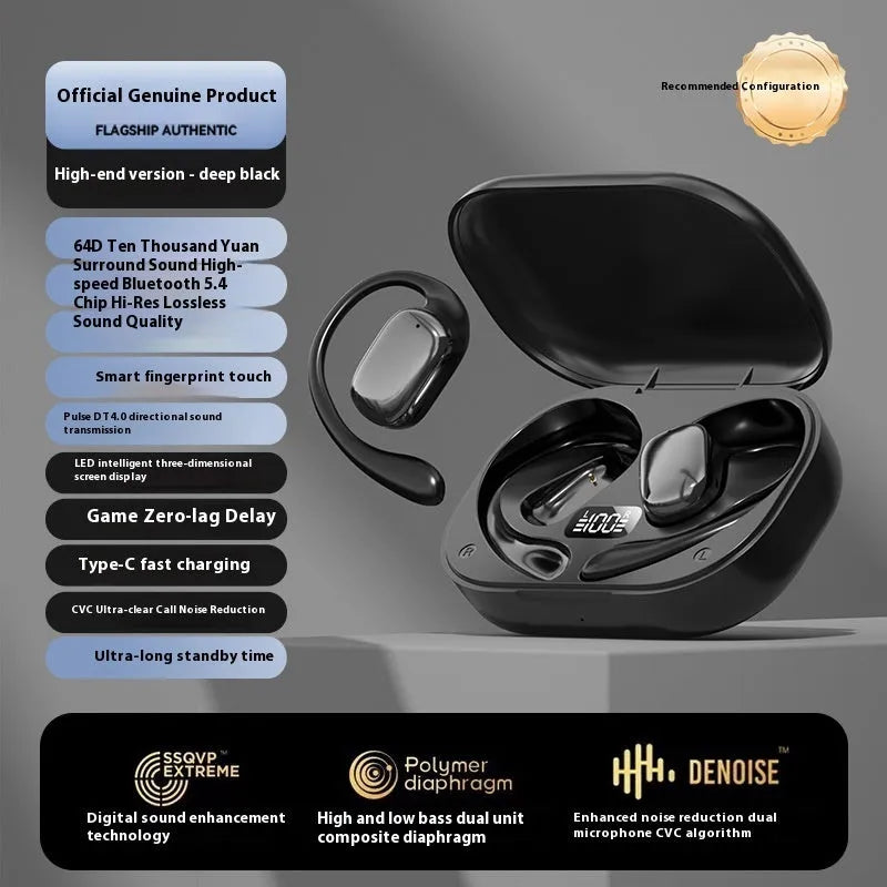 Ear-mounted headphones with digital display screen in skin colour, black, and white options.