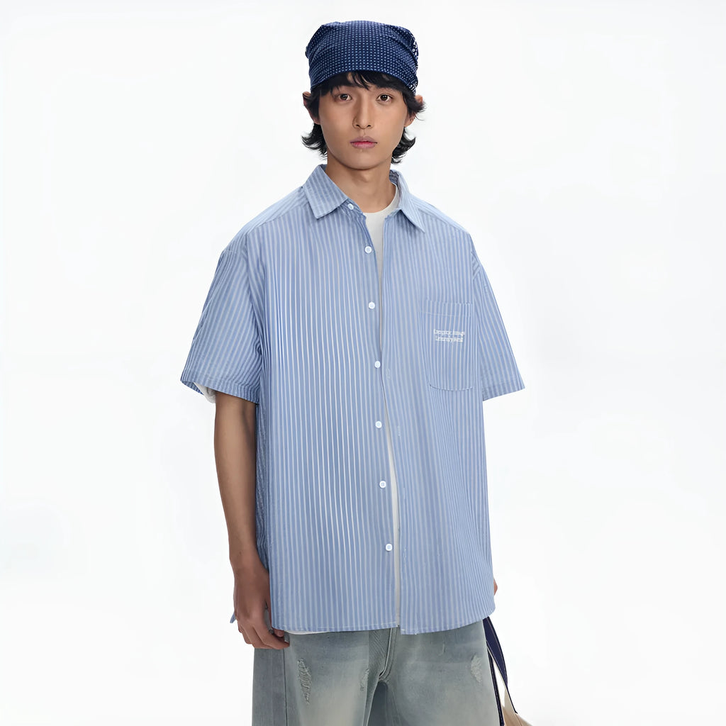 Blue striped unisex short-sleeve overall shirt in a loose cardigan style