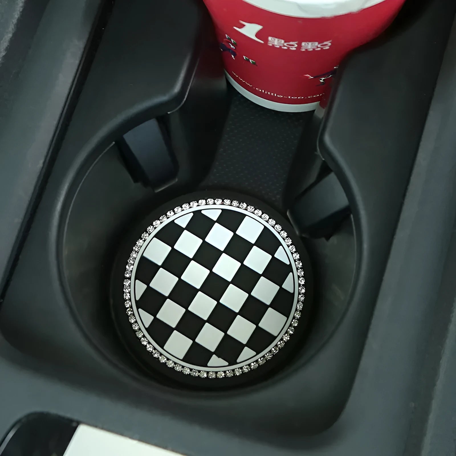Universal PVC car cup holder mat coaster for front gate slot in four pattern designs.