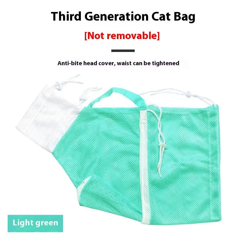 Upgraded 5th generation cat grooming bag in pink and white with integrated nail scissors.