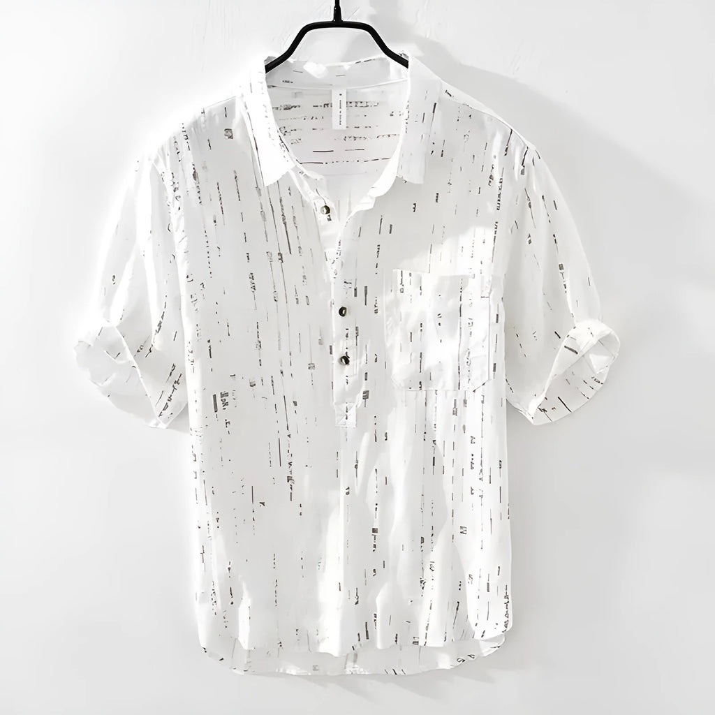 Men's loose fit black and white short sleeve polo shirt on a hanger