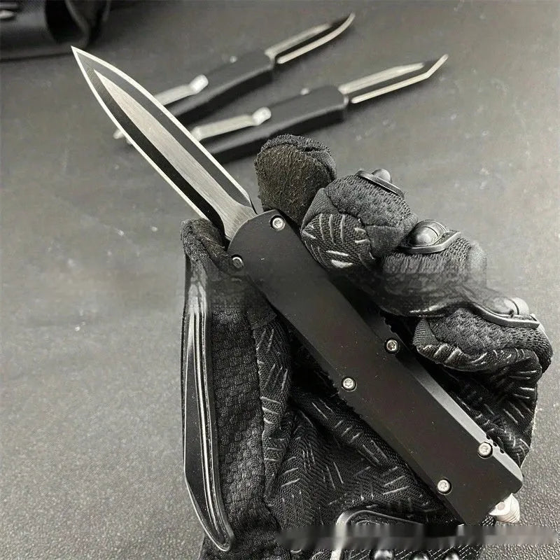 Outdoor camping portable tactical sheath folding knife with black brushed 440C blade and zinc alloy handle