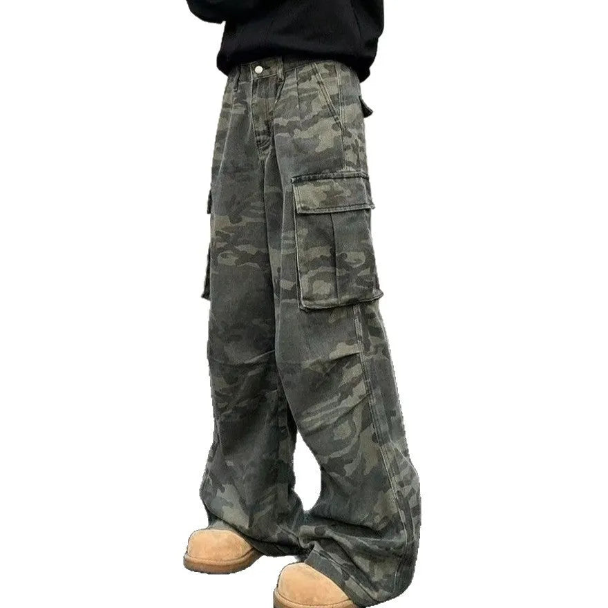 Korean style washed camouflage cargo trousers on a hanger, showing multiple pockets and mid waist design.