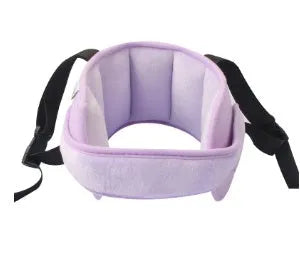 Child car seat head support in blue with hook and loop neck strap and rear waistband