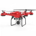 Black alloy HD aerial photography drone with remote control handle, flying outdoors.