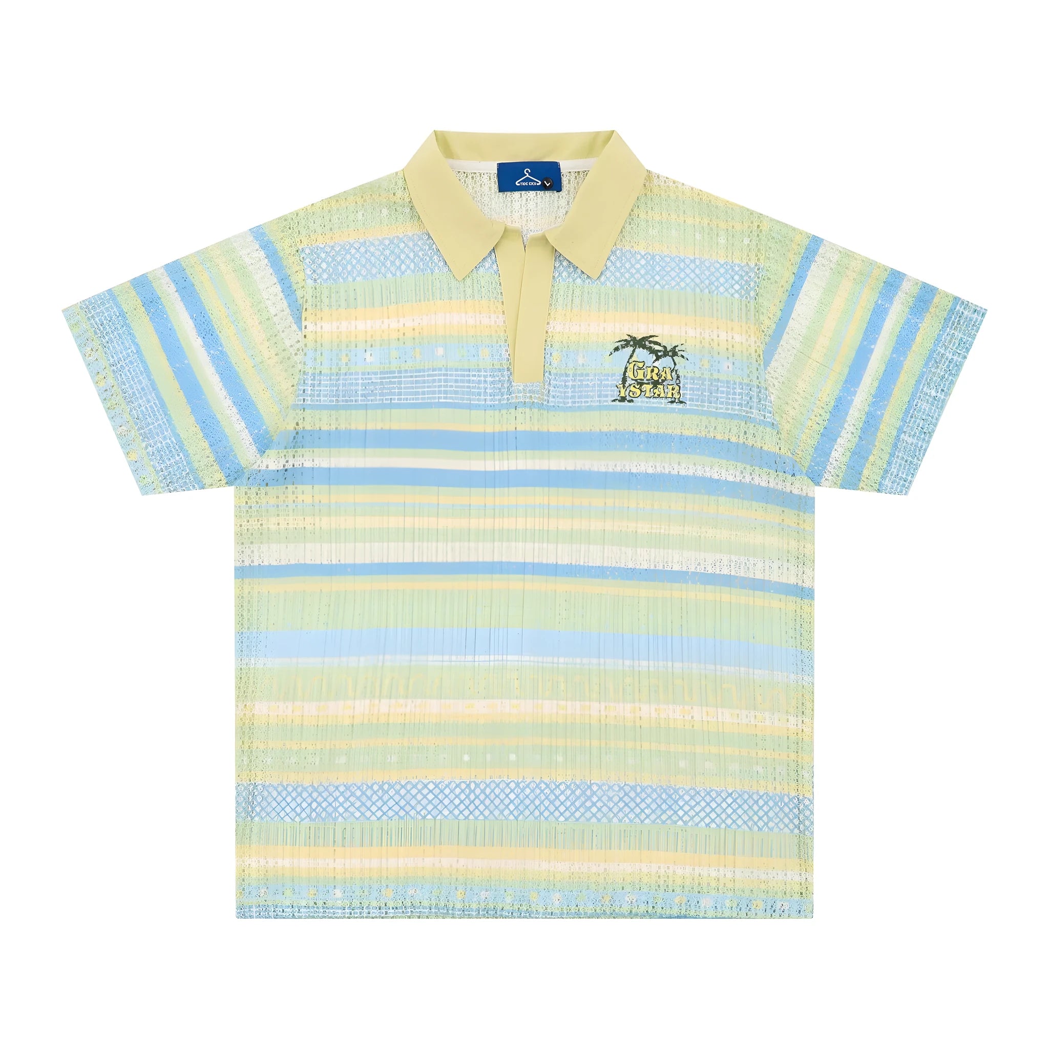 Men's blue printed short sleeve shirt with loose fit and elastic polyester fabric