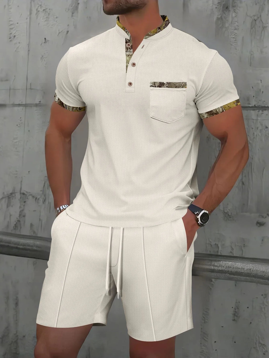 Men's grey waffle texture zipper polo collar short sleeve jacket and matching shorts set on a hanger.