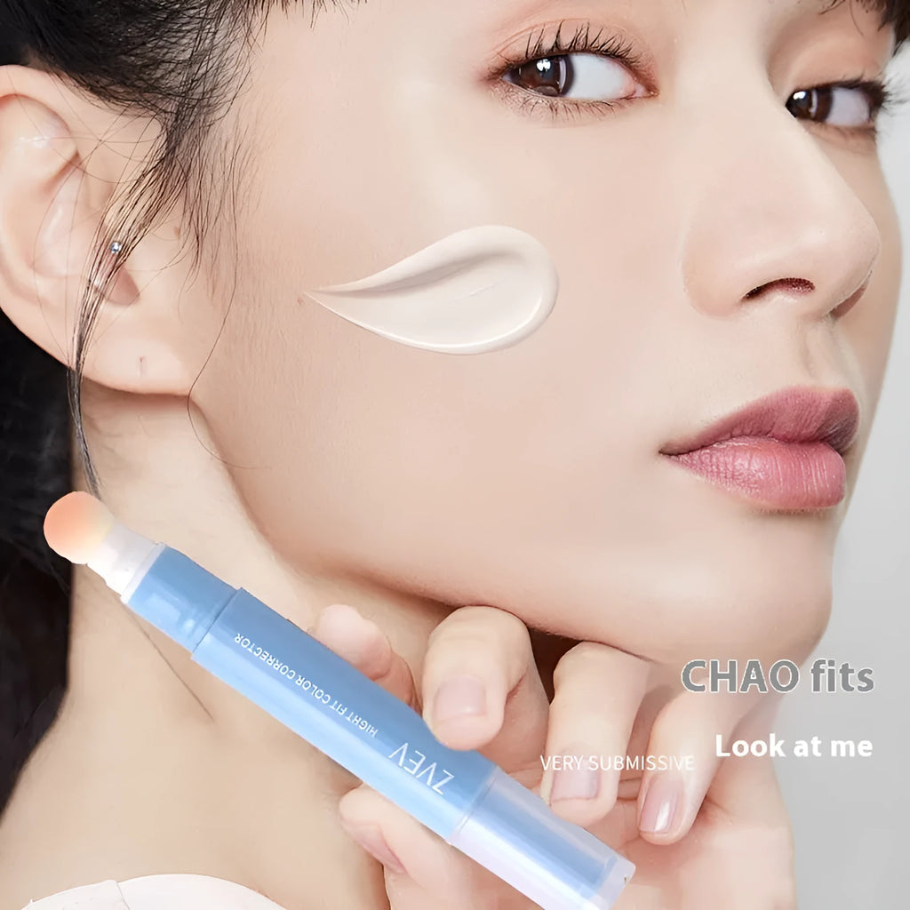 Concealer pen with sponge brush head applicator showing three colour shade options: brightening skin, pink flesh, and flesh colour