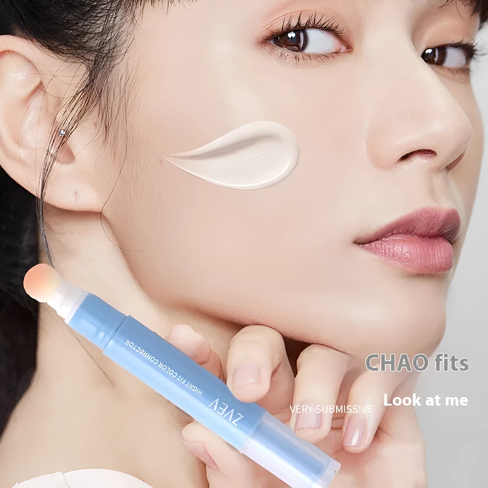 Concealer pen with sponge brush head applicator showing three colour shade options: brightening skin, pink flesh, and flesh colour