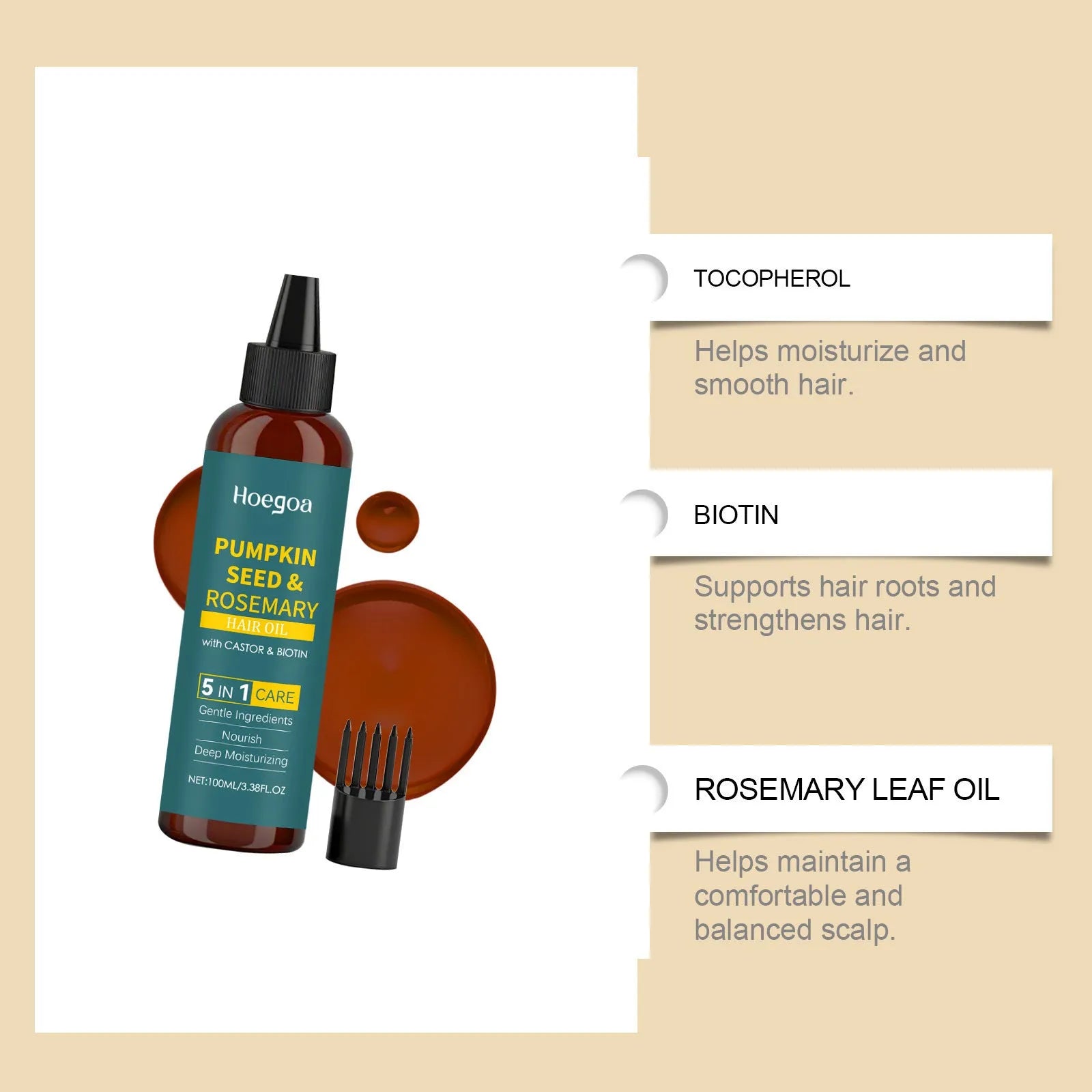 Rosemary hair care essential oil bottle with pointed nozzle and hair comb