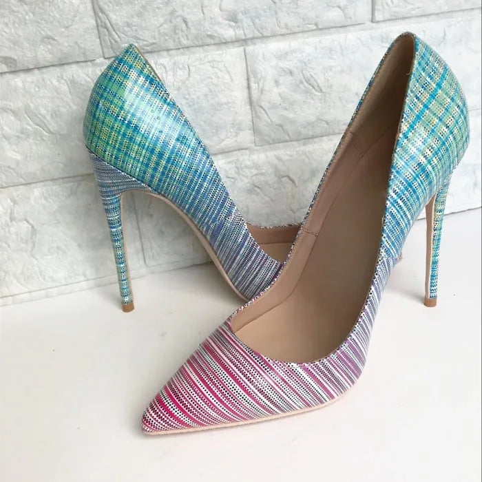 Pink and blue gradient patent leather ladies pointed toe high heel shoe with a slender stiletto heel.