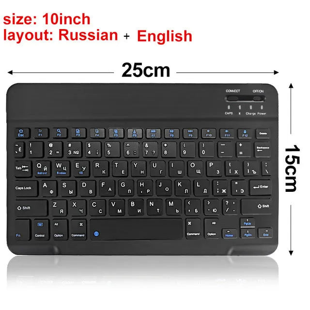 Black and white mini Bluetooth wireless keyboard shown in 7-inch, 9-inch, and 10-inch size options.