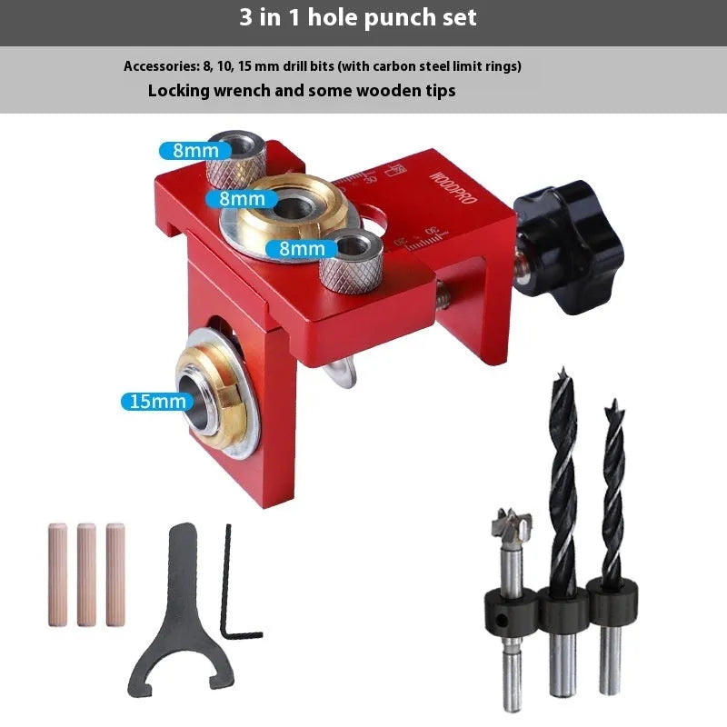 Woodworking punch locator tool with aluminium body, three drill bits, wrenches, and wood tips for furniture splicing