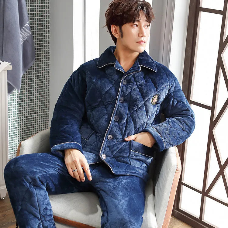 Men's flannel pyjama suit in Army Green, thick long-sleeve top with V-neck and matching trousers