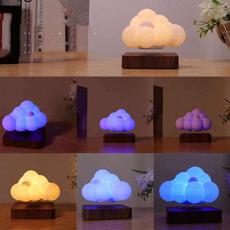 Magnetic levitation cloud night light with 3D printed cloud floating above base, warm white light