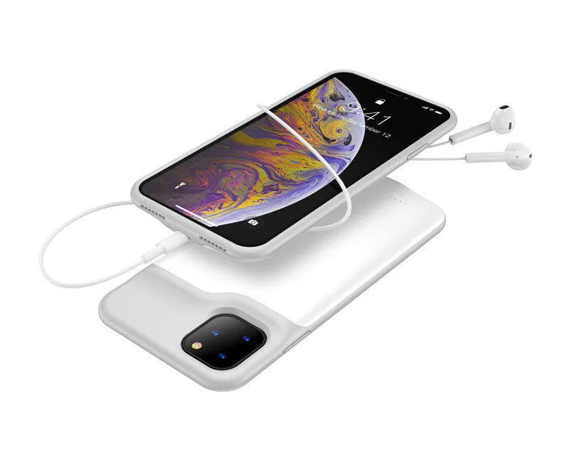 Shockproof silicone iPhone charging case with extended battery in black, blue, pink or white colours