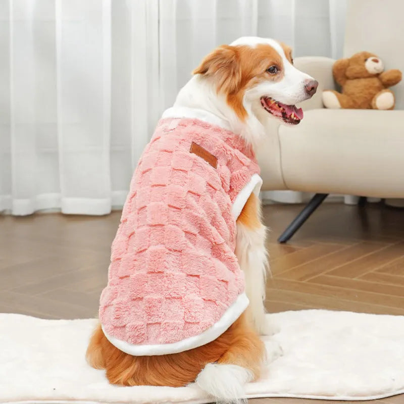 Pet autumn winter cotton clothes coral fleece jacket in brown square grid with leather tag, side view