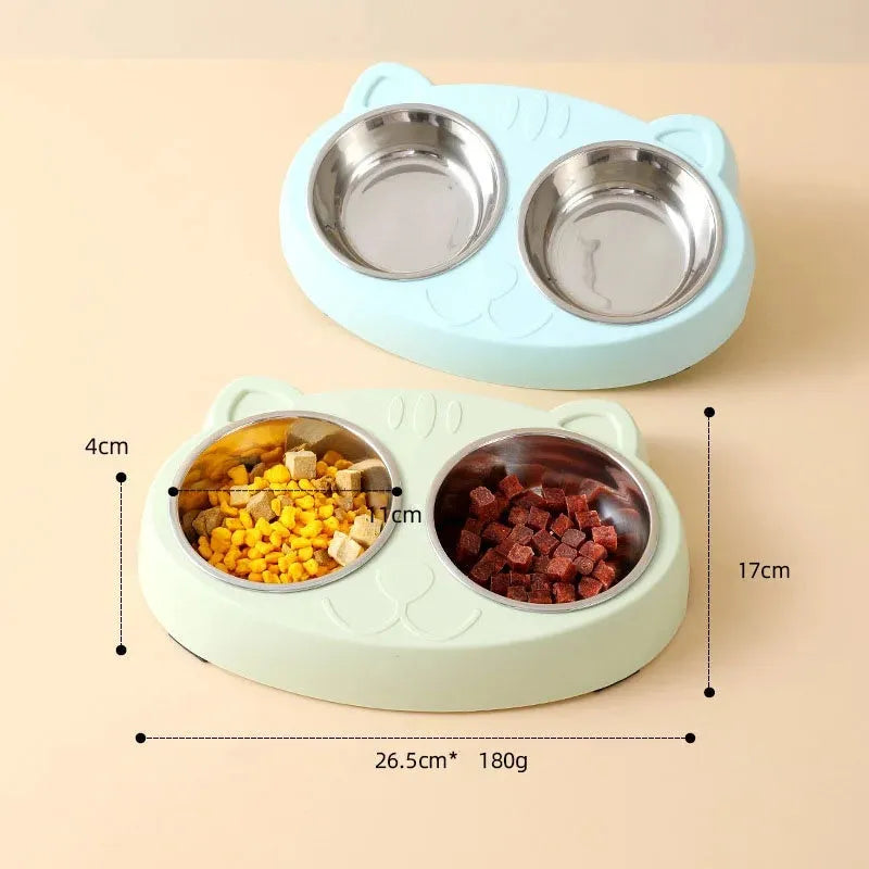 Blue macaron-shaped plastic pet feeder tray with two bowls for cat or dog food and water