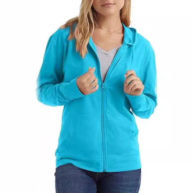 Women's loose fit polyester hoodie in solid colour with long sleeves, available in black, white, grey, dark blue, sky blue, dark pink.