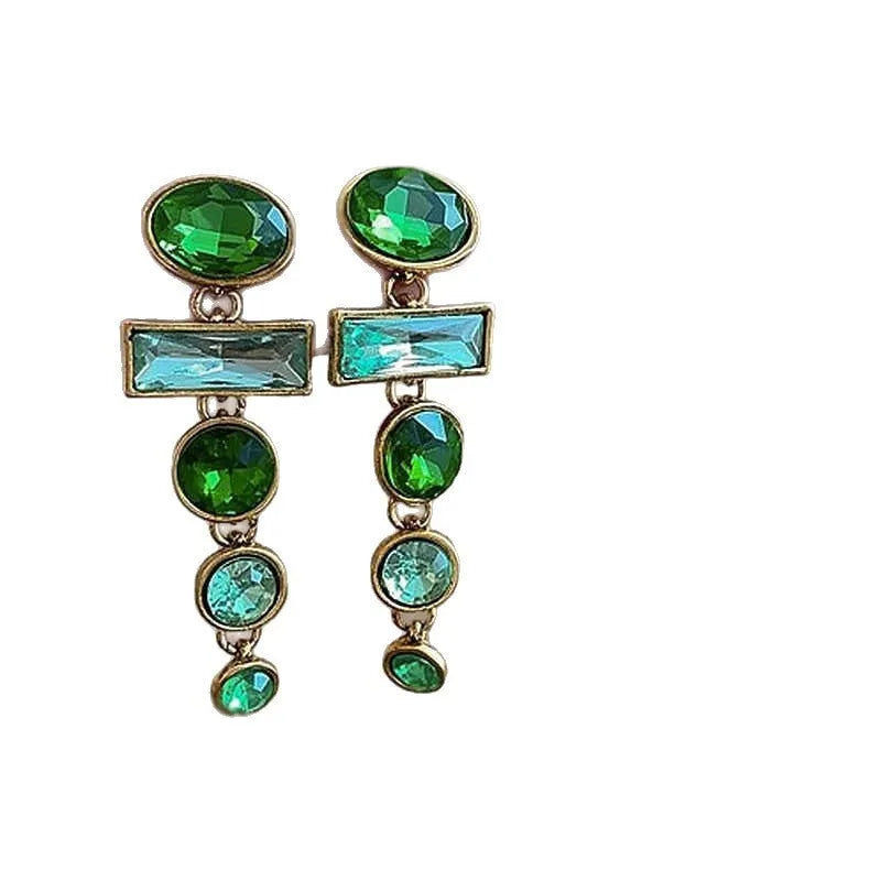 Green gradient geometric Chinese style earrings with tassel design and zircon decoration
