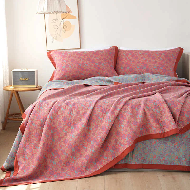 Cotton gauze bed blanket and pillowcase set with botanical plant and flower pattern design