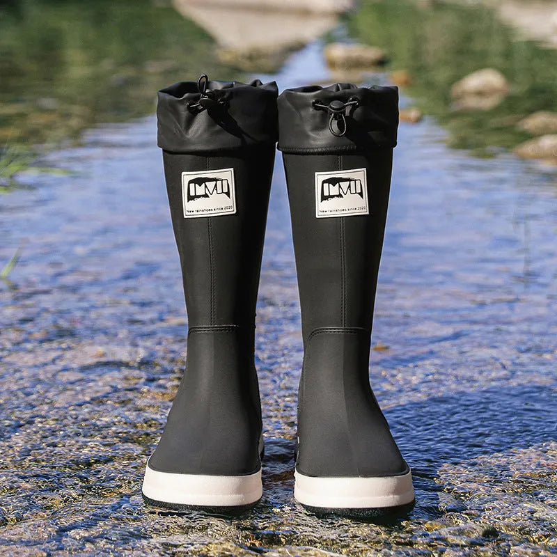 Couple PVC platform high tube rain boots in solid colour for outdoor camping waterproof non-slip