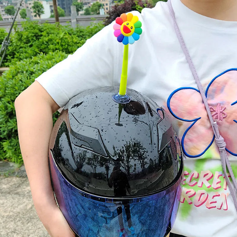 Swinging sunflower silicone decoration with suction cup for helmet attachment