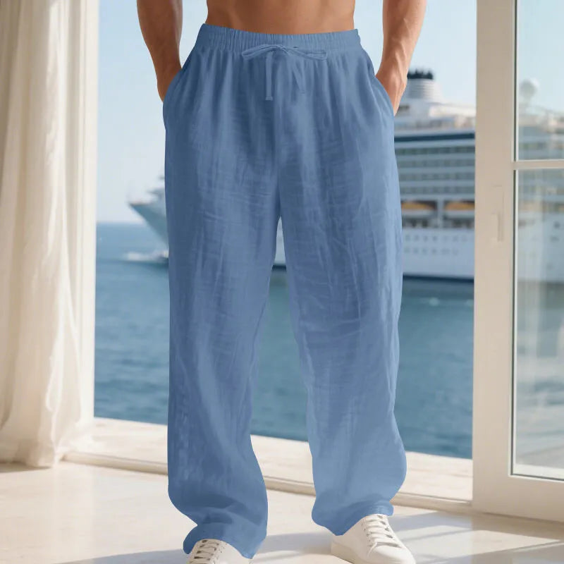 Men's linen solid colour loose fit wide leg drawstring beach trousers, straight cut, summer casual wear