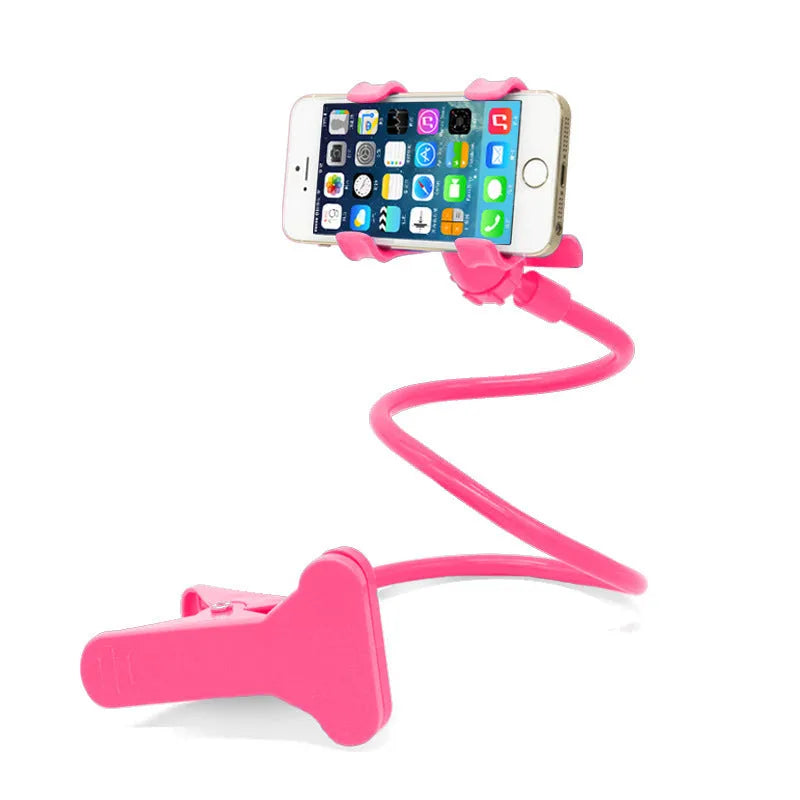 Black universal phone holder with long 70cm flexible arm and V-type clip, mounted on a bed frame.