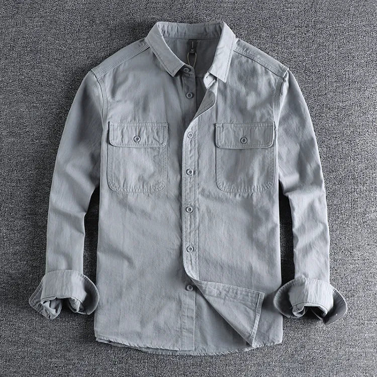 Men's loose cardigan-style long sleeve shirt in light grey, black, khaki or green colours