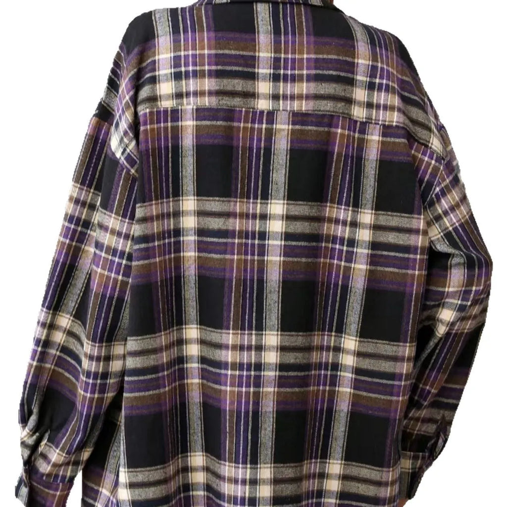 Women's loose fit plaid cotton shirt in black, green or purple colours with long sleeves