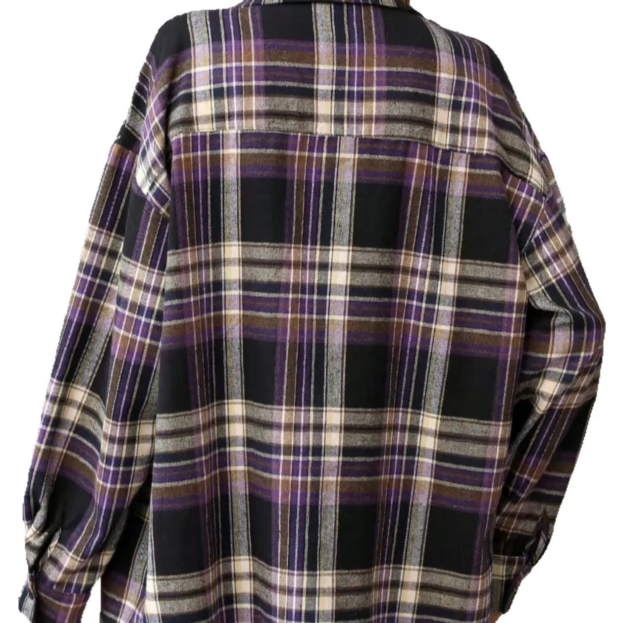 Women's loose fit plaid cotton shirt in black, green or purple colours with long sleeves