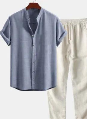 Men's casual linen-blend suit with short sleeve shirt and loose trousers in multiple colour options