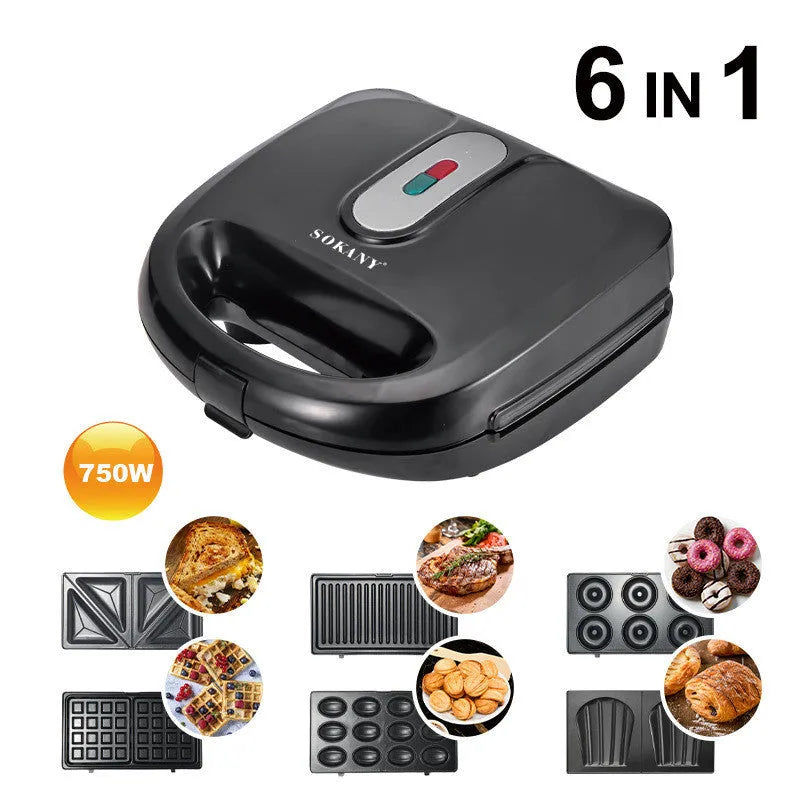 Black double-sided electric sandwich pan with stainless steel lid on a kitchen counter.