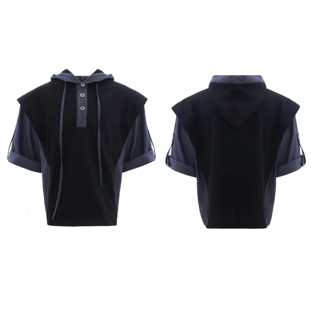 Men's grey hooded short sleeve polyester sports suit with three-dimensional stitching and matching trousers