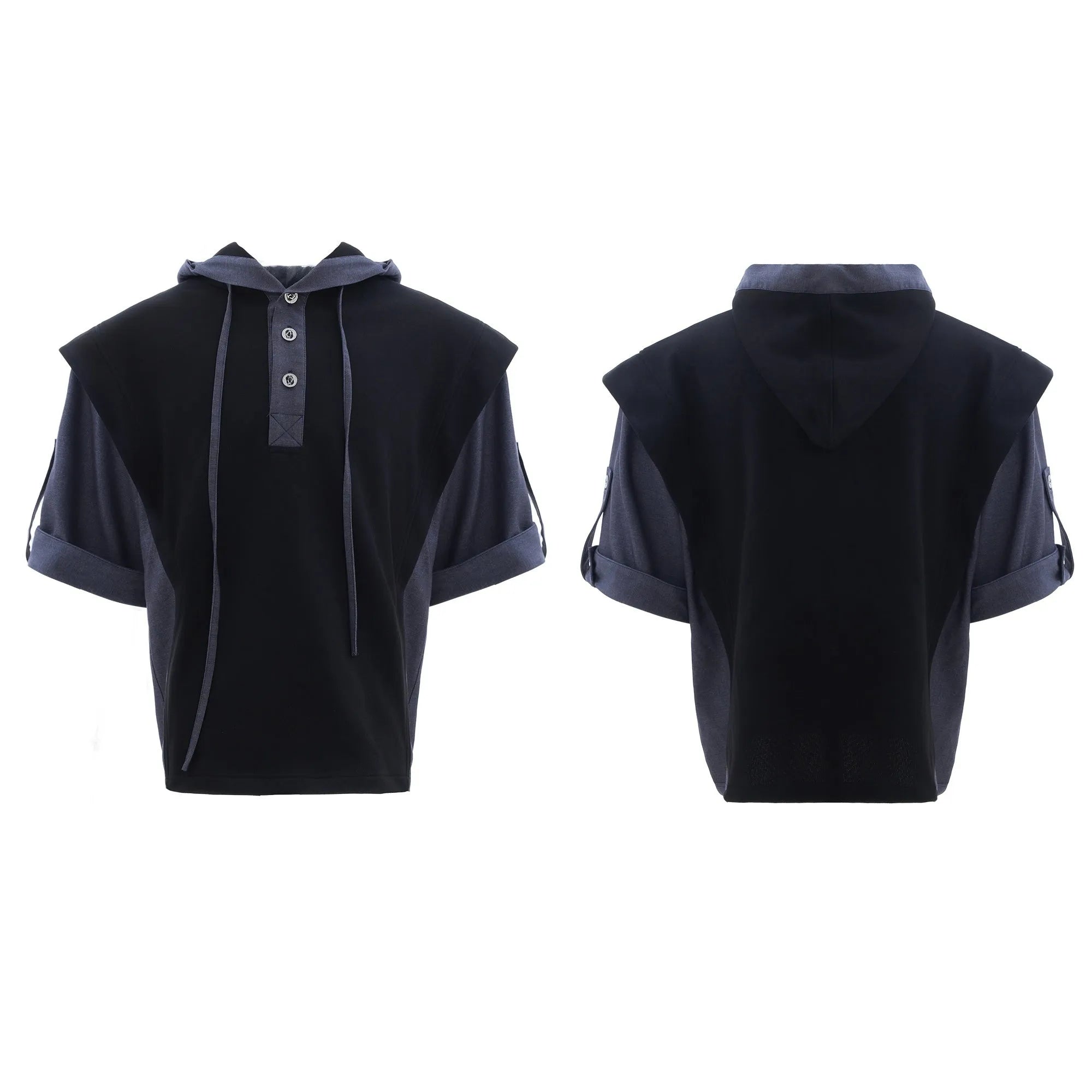 Men's grey hooded short sleeve polyester sports suit with three-dimensional stitching and matching trousers