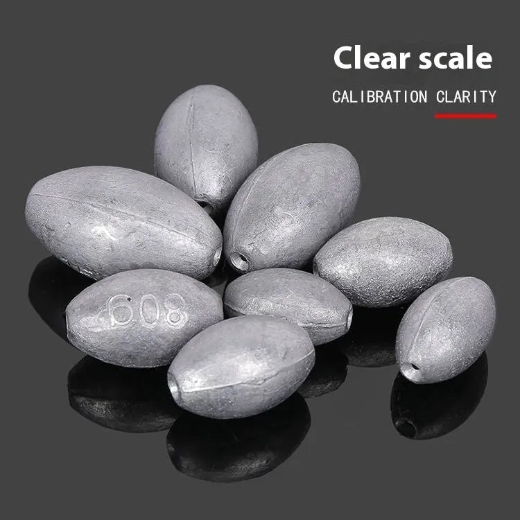 Plastic core olive lead sinker with scale tongxin pattern and rugby shape for sea fishing