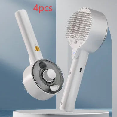 Ceramic white rechargeable pet grooming brush with UVC light and misting function on a dog's coat.