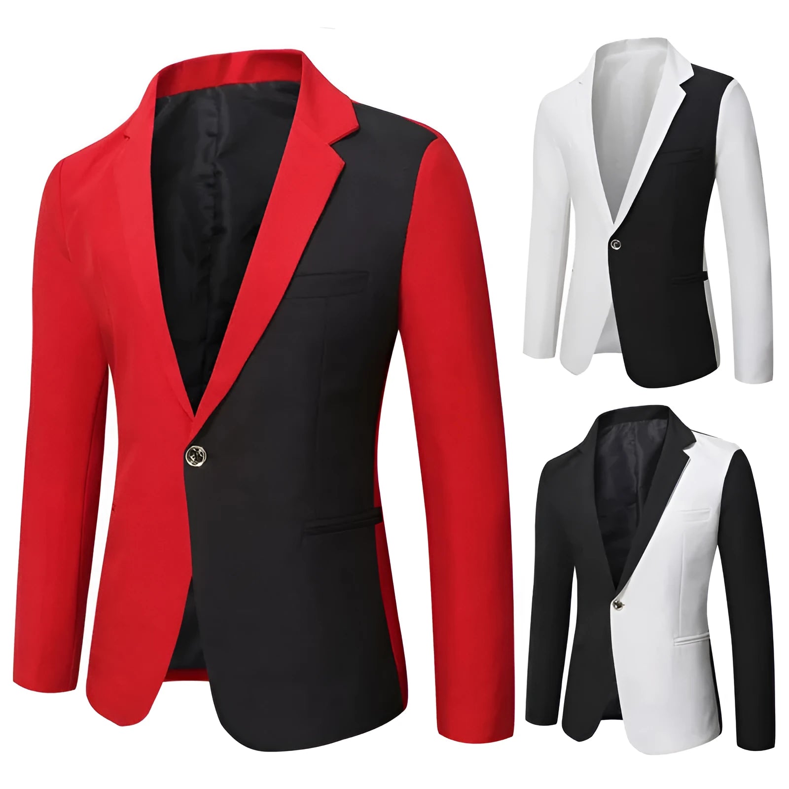 Men's slim-fit suit jacket in red with long sleeves and round hem, casual leisure style