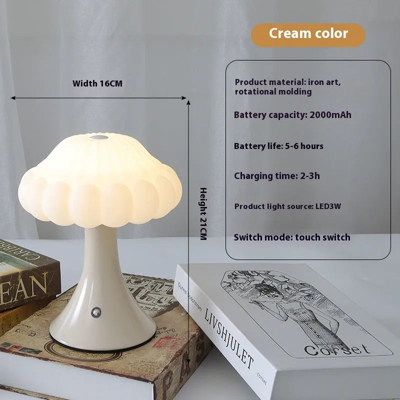 Mushroom-shaped night light with touch controls and USB port in wood grain finish